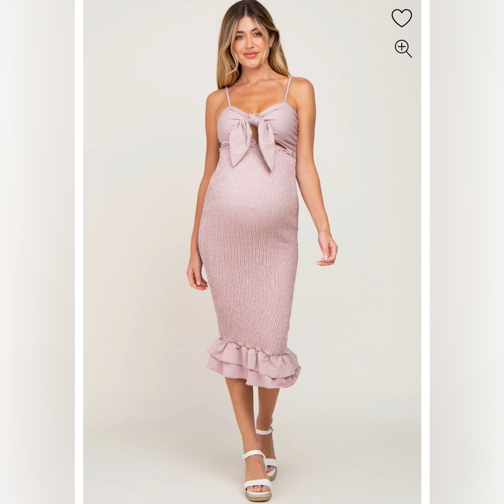 Pink Blush Mauve Gingham Print Smocked Fitted Self-Tie Maternity Midi Dress